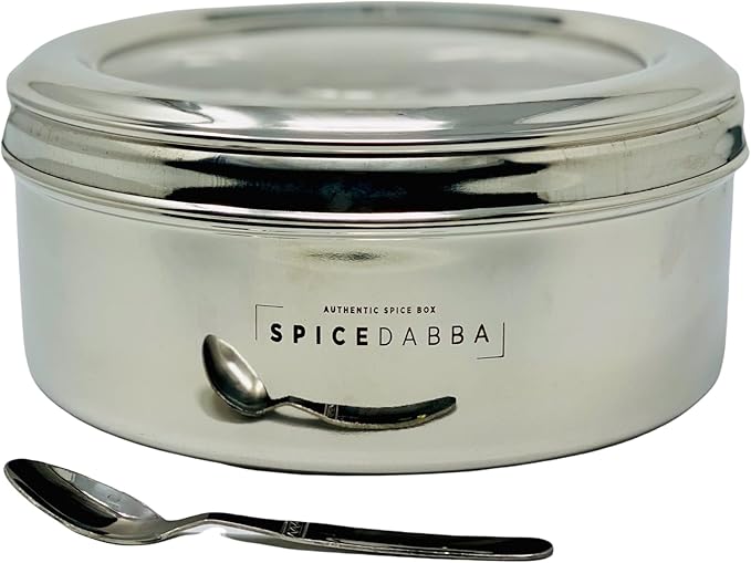 spice dabba Stainless Steel Indian Spice Box,Steel Masala Dabba 12 Spices,Lid Spice Box,Authentic Spices,Masala Box with Individual containers|Size 9 x 9 x 3 IN 3 LB (Indian Spice Box with Spices)