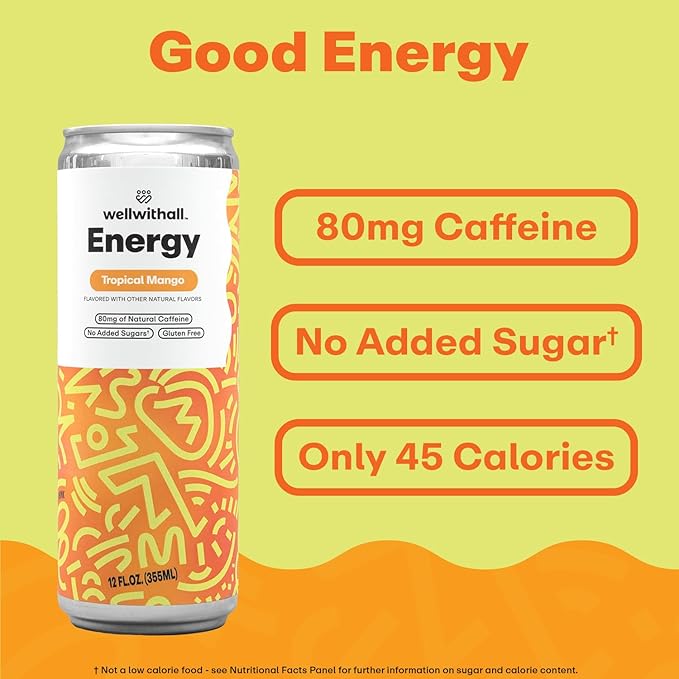 WellWithAll Tropical Mango Energy Drink – Caffeine from Tea – With Vitamin C – Lightly Sparkling Beverage – Fruit & Veggie Juice Blend – 12 Oz (Pack of 12)
