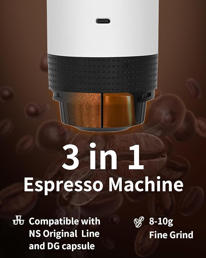 Portable Electric Espresso Machine, Car Coffee Maker for Travel Camping, Battery Powered Coffee Brewer Compatible with Ground Coffee & NS Capsules, White