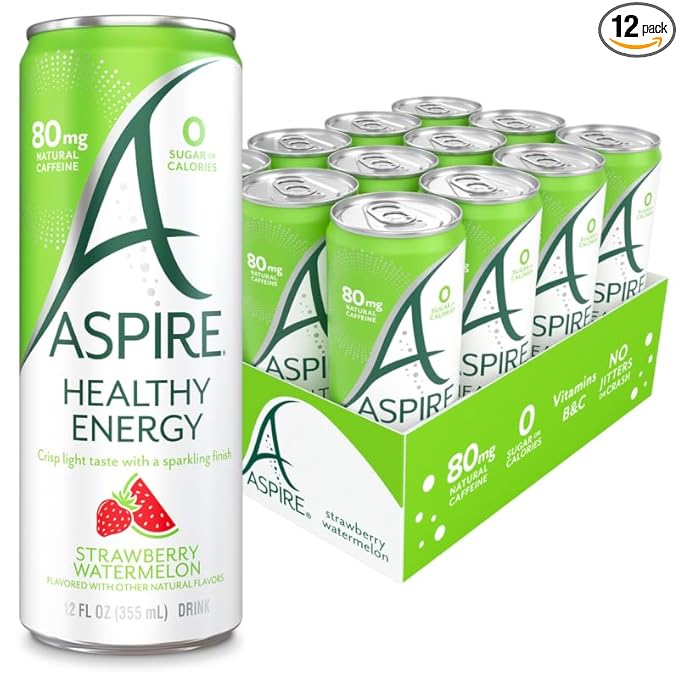 ASPIRE® Strawberry Watermelon, Healthy Energy Drink 80mg Natural Caffeine, Zero Sugar No Carbs Keto Friendly, 12 Pack Green Tea Sugar Free Drink Low Caffeine Zero Calorie