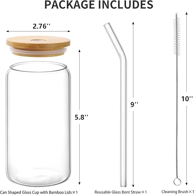 Glass Cups with Lids and Straws, 16oz Drinking Glasses, Iced Coffee Cups, Glass Tumbler with Lid, Great for Soda Boba Tea Cocktai (1 PACK)