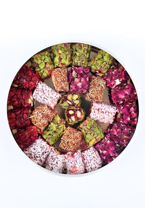 Zaitoune Turkish Delight Mix - 9 oz | Luxury Coatings of Pomegranate, Pistachio, Coconut, Kataifi & Rose | Authentic Lokum Sweet Assortment in a Beautiful Gift Tin | Handmade & Individually Wrapped
