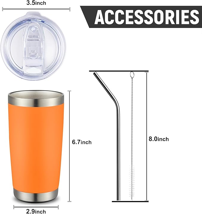 COMOOO 20oz Tumbler Bulk Double Wall Vacuum Insulated Travel Mug, Stainless Steel Tumbler with Lid and Straw Durable Powder Coated Insulated Coffee Cup for Cold & Hot Drinks (Orange, 2 pack