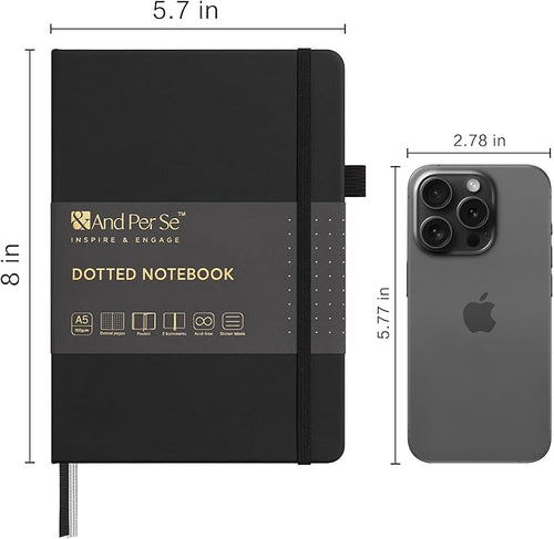 &And Per Se Dotted Journal Notebook, A5 Hardcover Leather Bullet Dotted Journal, 160 Pages 100 gsm Thick Dotted Paper，3 Sheets of Stickers Included (Black)