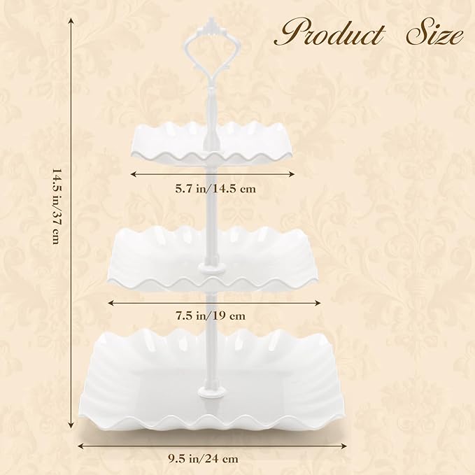 3 Tier Cupcake Stand, Durable Plastic 3 Tier Serving Tray for Cupcake, Fruit, Chocolate, Cookies, Square White Embossed Tiered Tray Stand for Wedding, Baby Shower, Party