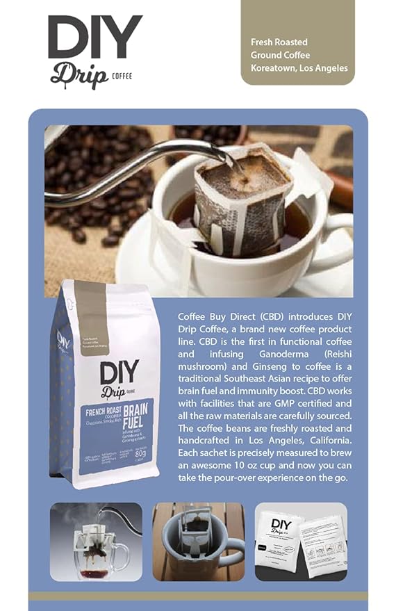 DIY Drip Coffee Brain Fuel, French Roast Colombia, Single Serve - 5 PACKS x 4, 200gram, $1.50 per serving. BUY 2 QTY OR MORE GET $5 REBATE. NO ACTION REQUIRED