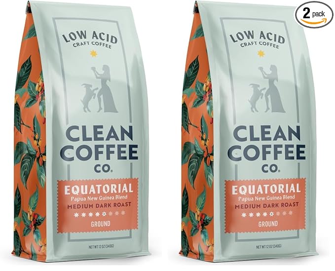 Clean Coffee Co. - Low Acid Medium-Dark Roast, Tested for Molds and Toxins, Papua New Guinea Blend, Notes of Milk Chocolate and Roasted Almonds (Ground, 12 oz Bag) (Pack of 2)