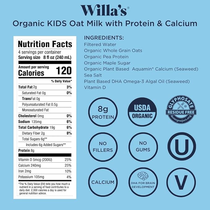 Willa's Organic Kid's Oat Milk Unsweetened with 8g Protein & 240g Calcium, Plant-Based Milk for Kids, Dairy-Free, Low Sugar, 2g Fiber – 32 oz, 6 Pack