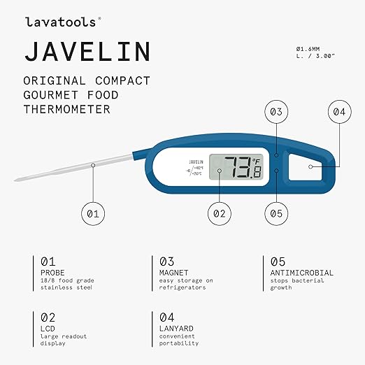 Lavatools Javelin® Ultra-Fast 2-Second Digital Instant Read Meat Thermometer for Grill and Cooking, 2.75" Probe, Compact Foldable Design, Large Display, IP65 Water Resistant, NSF Certified – Sesame