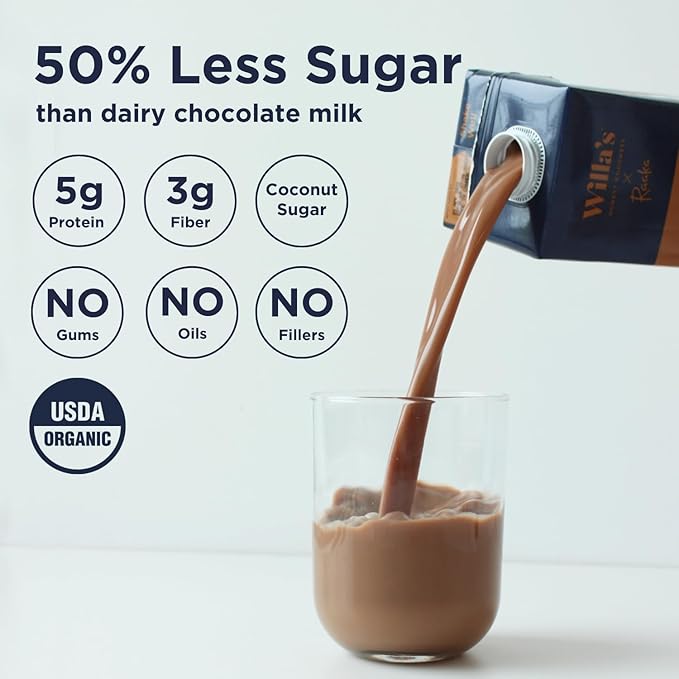 Willa's Organic Oat Milk - Chocolate Unsweetened Cacao Oatmilk, Non-GMO, Shelf Stable, Low Sugar, Non-Dairy Milk, Made from Whole Grain Oats, No Oil, No Gums, 32 Oz - Pack of 6
