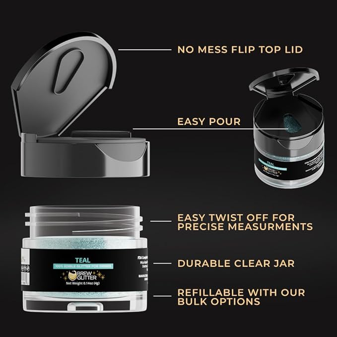 Brew Glitter Teal Edible Drink Glitter 1x 4g Jar for Cocktails, Beer, & Beverages