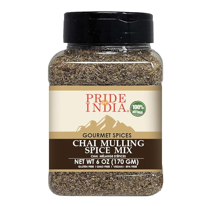 Pride of India | Chai Masala Mulling Spice Mix 6 oz (170 gm) Medium Dual Sifter Jar | Gourmet Spice Mix for Teas & Coffee | Caffeine Free | Authentic Mulling Spice Blend | Vegan & Gluten-Free | Easy to Store