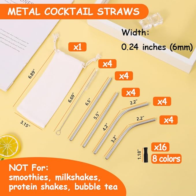 Lazycorner 16 Pcs Short Metal Straw, 6mm 5.5" 6.5" Kids Reusable Straw Silicone Tips Cleaner, Mini Small Stainless Steel Straws Fit 8 10 12 oz Tumbler/Wine Tumblers, Reusable Cocktail Straws(Silver)