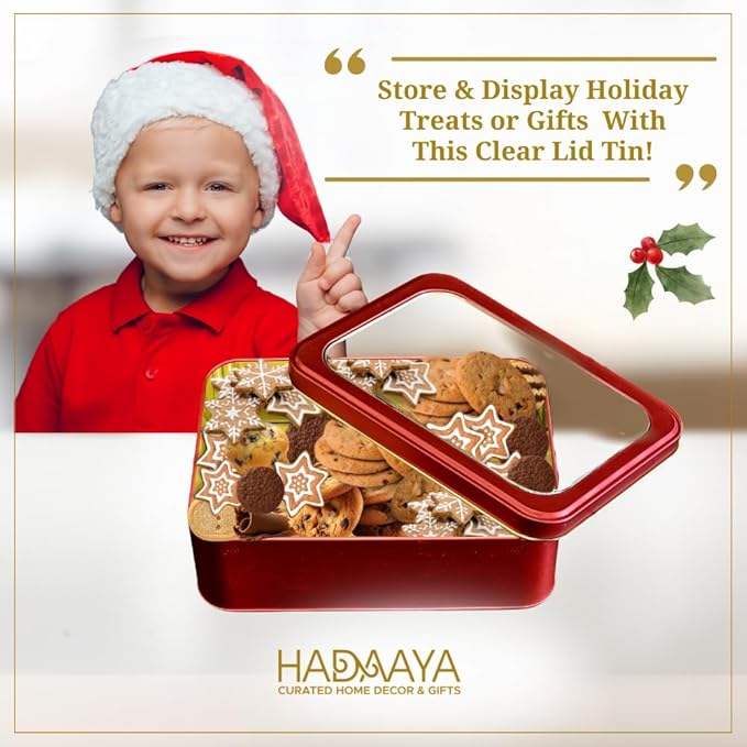 Pack of 2 Red Rectangular Metal Tin with Clear Lid – Gift Box for Cookies, Candy, Crafts & Storage – Ideal for Gifting, Home Decor & Party Favors