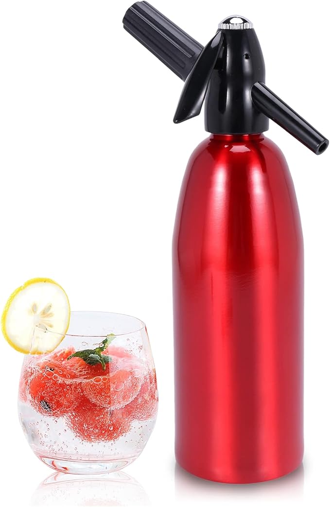 1L Portable Home Soda Maker – Aluminum Soda Siphon, Vintage Seltzer Bottle for DIY Homemade Carbonated Drinks, Sparkling Water Maker for Healthy Soda Water & Cocktails (Red)