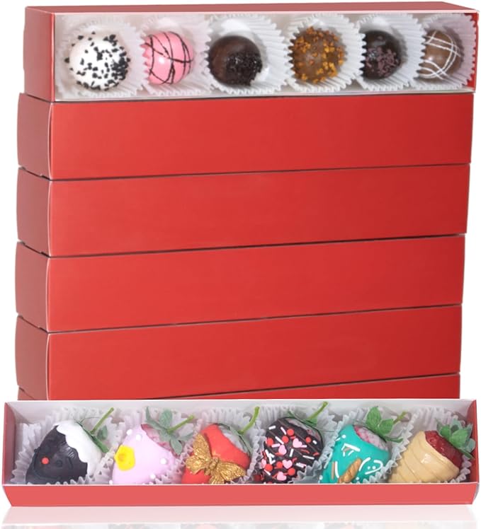 50Pack 12x2¼x2 Inch Chocolate Covered Strawberry Boxes for 6 Macaron boxes Chocolate Truffle Boxes Cookie boxes Bakery Boxes with Clear Window Washi Tape Boxes