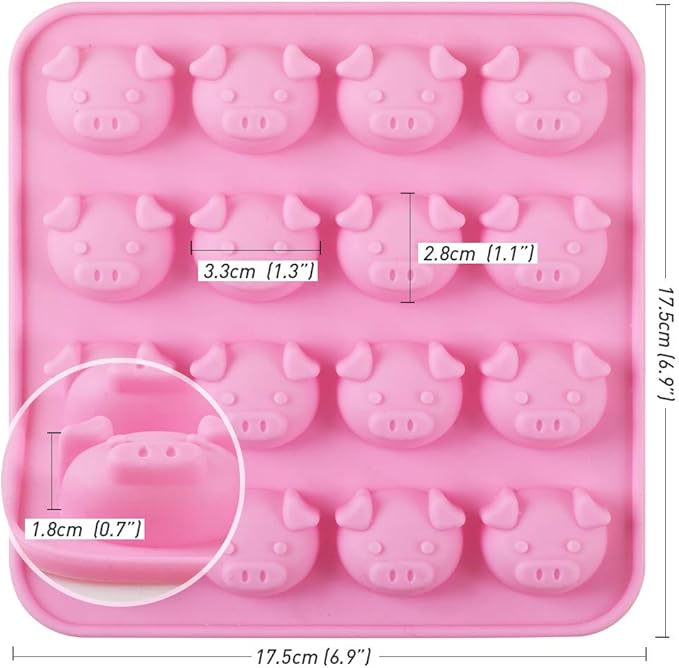 Newk Piggy Chocolate Silicone Mold, 4 Packs 16- Cavity Pig Face Emoticons Piglet Candy Molds for Jelly, Fondant, Hard Candy, Keto Fat Bombs, Resin