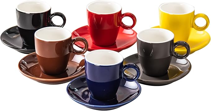 2.5oz Espresso Cups with Saucers Set, Colorful Coffee Cups Set, Ceramics Tea Cup with Handle, Coffee Mugs Set of 6, Assorted Colors