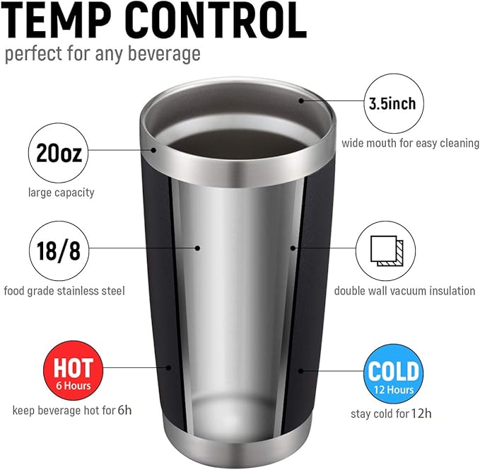 COMOOO 20oz Black Tumbler Double Wall Vacuum Insulated Coffee Travel Mug Stainless Steel Tumbler with Lid and Straw Coffee Cup for Cold Drinks & Hot Beverage, Home and Outdoor (Black, 6 Pack)