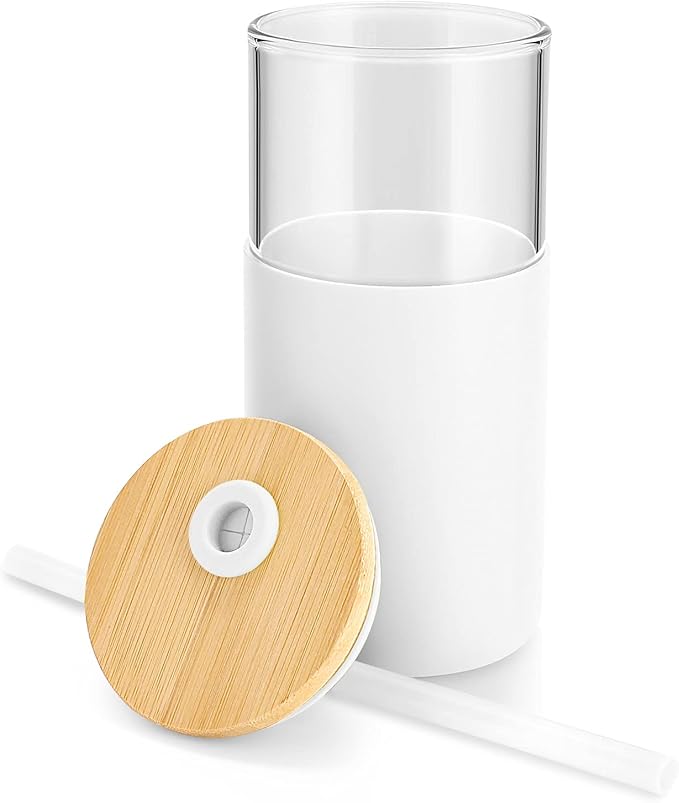 Tronco 16 oz Glass Tumbler with Straw and Bamboo Lid, Iced Coffee Cup Reusable, Smoothie Cups, Tumbler with Silicone Protective Sleeve - BPA Free