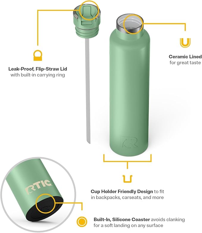 RTIC 26oz Journey Bottle Metal Stainless Steel Vacuum Insulated, BPA Free, Reusable, for Water, Hot and Cold Drinks, Travel, Sports, Camping, Sage