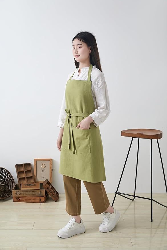 Cotton Linen Apron for Women - Adjustable Casual Apron with Pocktes, Great for Florist, Coffee House and Kitchen