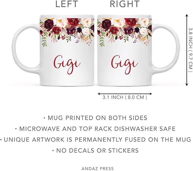 Andaz Press 11oz. Mother's Day Ceramic Coffee Tea Mug Gift, Fall Autumn Marsala Burgundy Flowers Roses Florals, Gigi, 1-Pack, Includes Gift Box, Birthday Christmas Gift Ideas