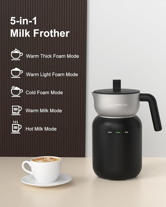 CROWNFUL Milk Frother, Electric 5-in-1 Milk Frother and Steamer with Temperature Control, Dishwasher Safe, Auto Shut-Off Frother