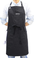 Black Cotton Kitchen Apron, Mens Womens Professional Cooking Bib Apron for Chef Grill BBQ, with Pockets Towel Loop and Adjustable Neck Strap