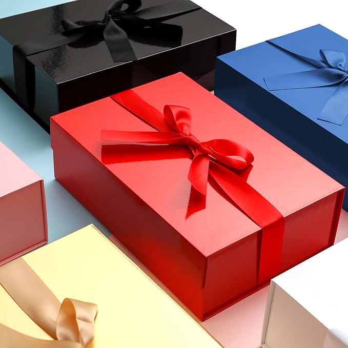 HAPPY POTATO Large Christmas Gift Box with Ribbon 11.5x8.1x3.8 Inches, Red Box with Lid, Bridesmaid Proposal Box, Magnetic Gift Box for Presents (Glossy Red)