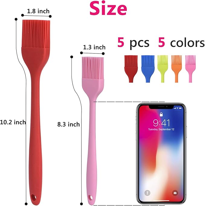 Silicone Basting Pastry Brush Set 5 Pack Heat Resistant Spread Oil Butter Sauce for BBQ Grill Barbeque Kitchen Baking Cooking Pastries, 2 Large & 3 Small Multicolor