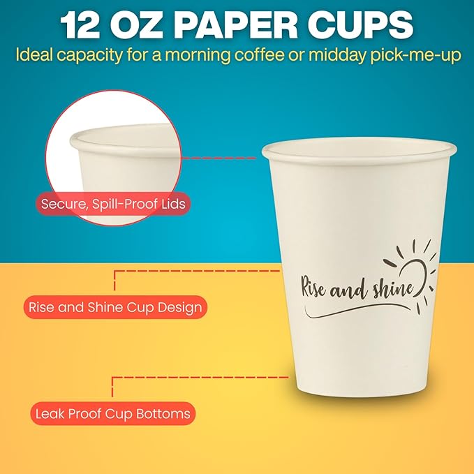 Smygoods Disposable Coffee Cups, To Go Paper Hot Cups, Rise and Shine Design (12 OZ, 50 Count) For Hot Beverages, Coffee, Tea, Espresso, Cocoa - Vasos Para Cafe
