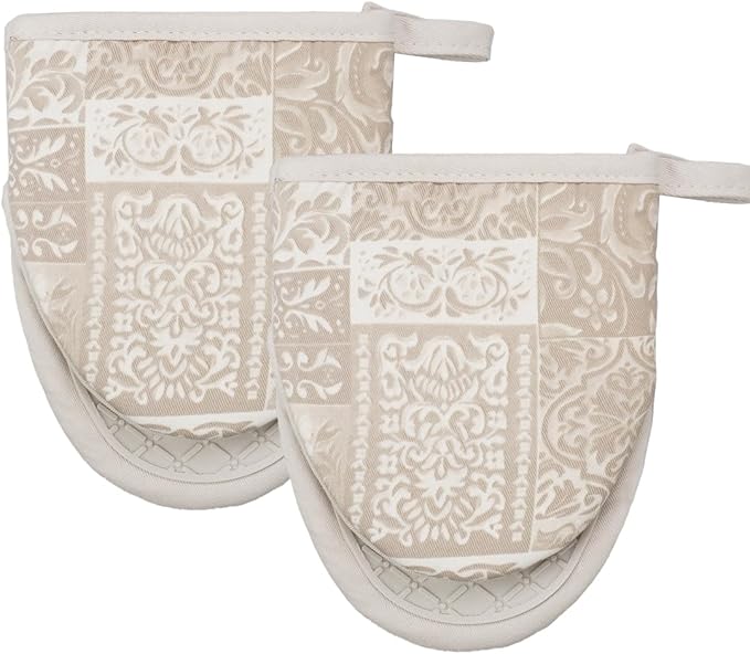 Mini Silicone Oven Mitts, Heat and Slip Resistant Kitchen Mittens 2-Pack Set, Khaki Patchwork Flower Soft Short Oven Gloves, Flexible Thick Pot Holders for Safe Cooking Baking & Grill (Khaki)
