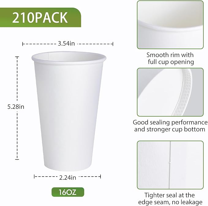 LITOPAK 210 Pack 16 oz Disposable Paper Coffee Cup, Hot/Cold Beverage Drinking Cups for Water, Paper Coffee Cups, White Hot Coffee Cups, Suitable for Party, Picnic, Travel, and Events