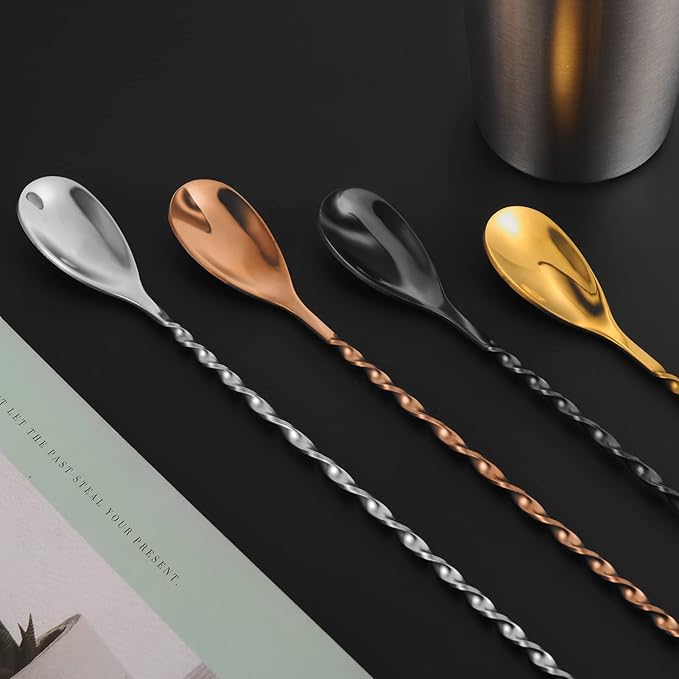 AnSaw Black 10-Inch Stainless Steel Cocktail Spoon with Leaf Handle - Perfect for Mixing & Layering Drinks in Tall Cups, Bar & Shakers - Durable Long Handle Bar Stirrer,1-Pieces