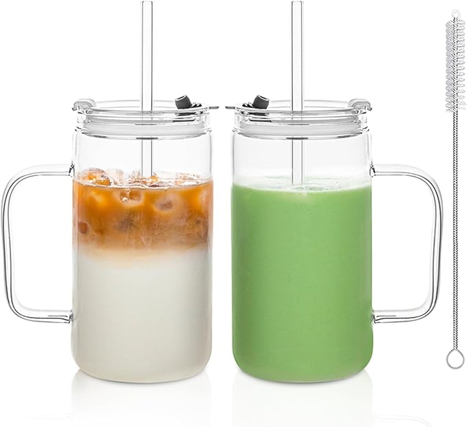 24oz Glass Tumbler with Lid and Straw - Leak Proof Travel Cup with Handle, Reusable Drinking Glass for Iced Coffee, Smoothies & Tea, Dishwasher Safe Spill-Proof Water Bottle for Home, Office, Gym