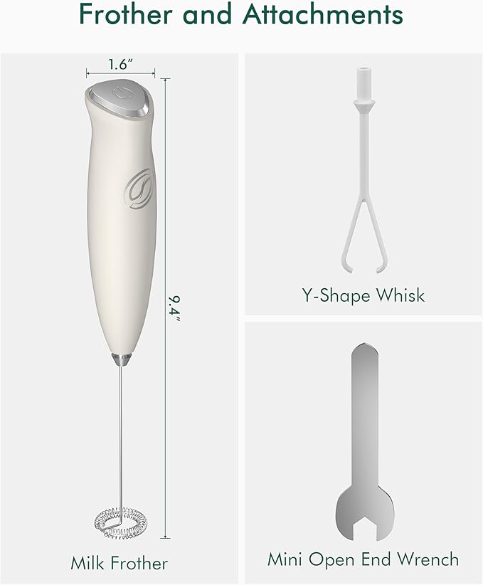 Milk Frother Handheld Frother Wand Drink Mixer Handheld Coffee Stirrers Electric Frother for Coffee Mixer Wand with 2 Whisk frother for protein powder coffee frother handheld-White