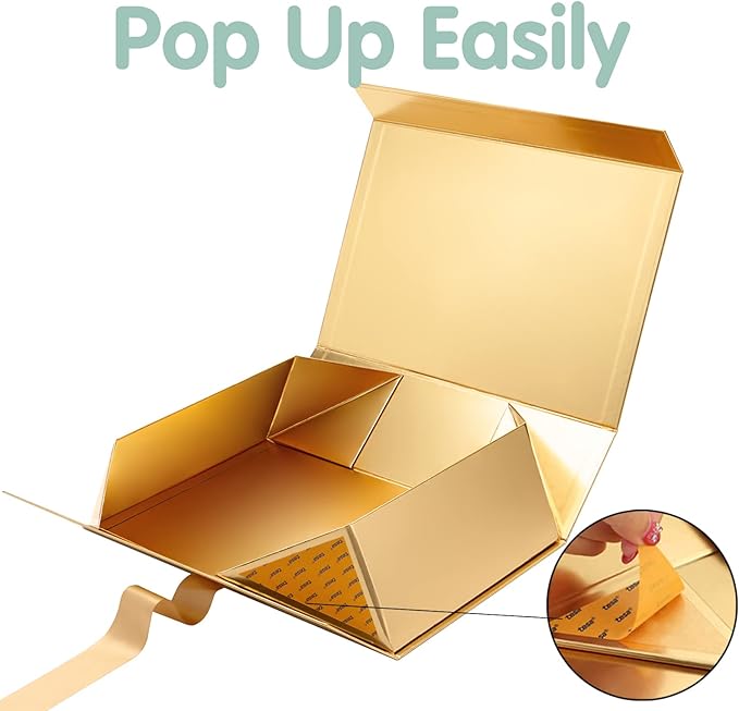 HAPPY POTATO 6 Large Christmas Gift Boxes with Lids and Ribbon 13.5x9x4.1 Inches, Bridesmaid Proposal Boxes, Gold Gift Boxes for presents (Glossy Gold, Pack of 6)