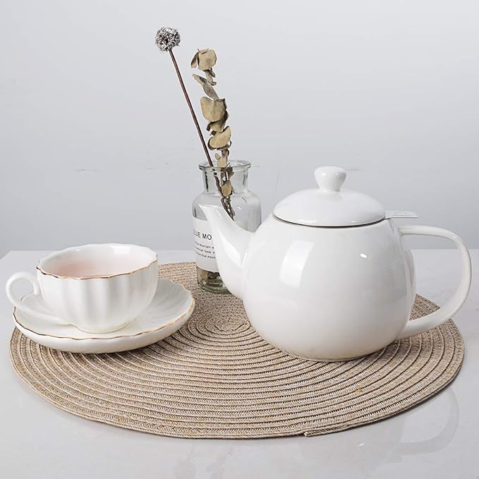 Sweejar Porcelain Teapot with Removable Stainless Steel Infuser,Microwave & Dishwasher Safe Tea Pots for Loose Tea,Tea Infuser Pots for Chrismas Women Gift (30oz White)