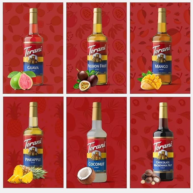 Summer Variety Syrup 6 Pack - Chocolate Macadamia Nut, Pineapple, Coconut, Mango, Guava & Passion Fruit Syrups For Coffee,Italian Soda, Lattes, Frappes With 6 Jimoco Pump Dispensers