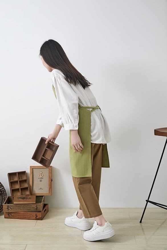 Cotton Linen Apron for Women - Adjustable Casual Apron with Pocktes, Great for Florist, Coffee House and Kitchen