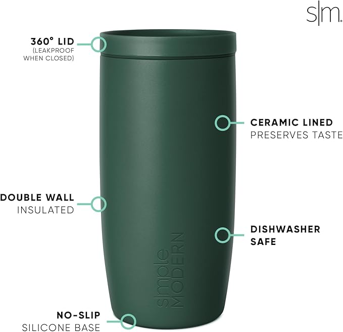 Simple Modern Travel Coffee Mug Tumbler with 360° Lid | Ceramic-Lined Insulated Stainless Steel Cold Brew Iced Coffee Cup Thermos | Gifts for Women Men Her Him | Voyager Signature | 16oz | Forest