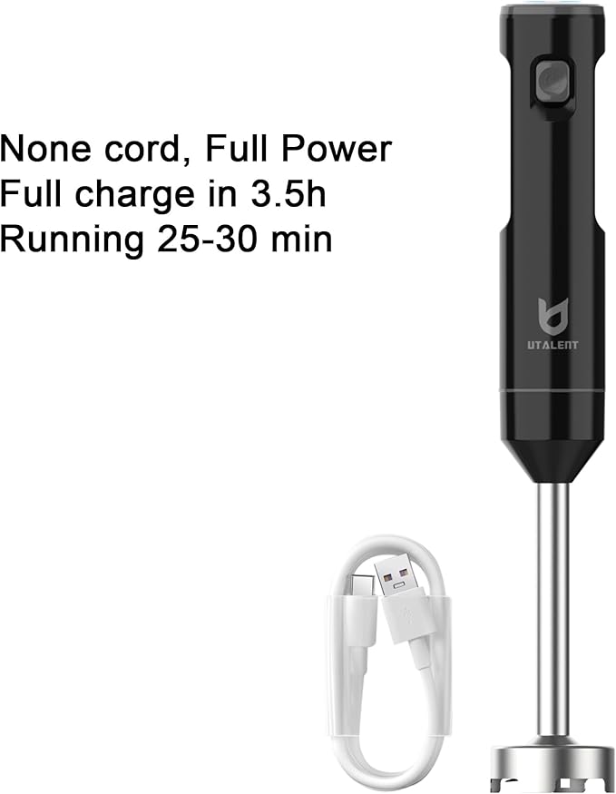 Cordless Hand Blender, UTALENT Variable Speed Immersion Blender handheld Rechargeable, with USB-C Charging Cable, Egg Whisk, for Smoothies, Milkshakes, Hummus and Soups – Black