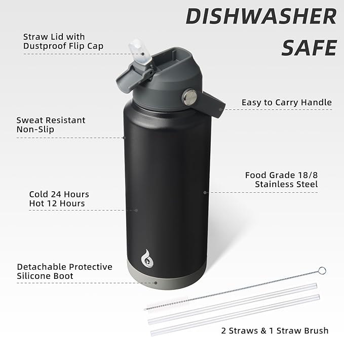 BJPKPK Water Bottle with Straw Lid, 32oz Vacuum Insulated Water Bottles, Metal Stainless Steel Thermos for Sports, Travel, BPA Free Leak Proof Thermos, Cups, Flasks, Tumblers,Black