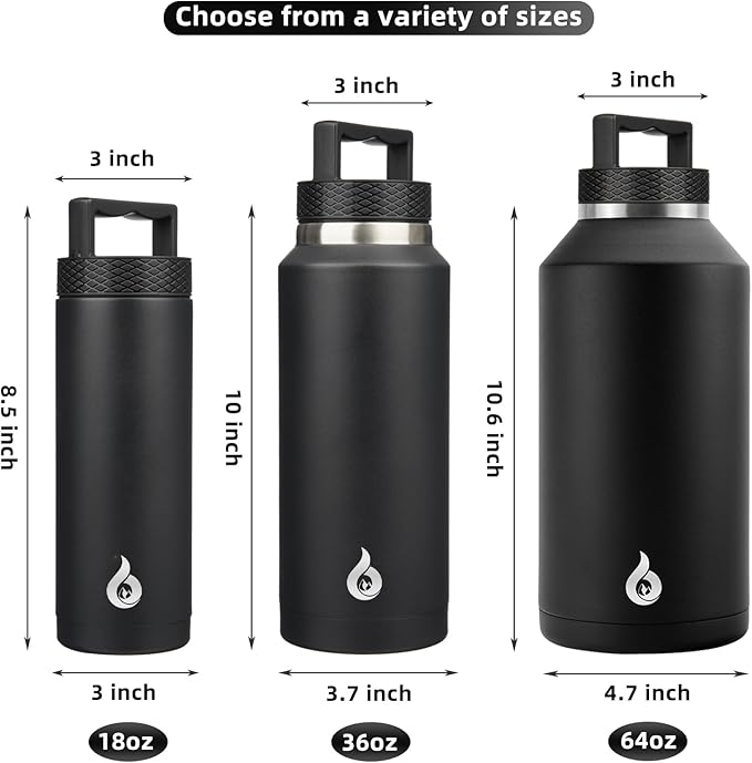 BJPKPK Insulated Water Bottles, Dishwasher Safe 36 oz Water Bottle with Handle, Leakproof BPA Free Water Jug, Stainless Steel Thermos for Sports, Black