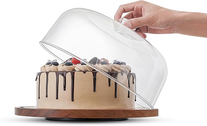 Acacia Wood Cake Stand with Acrylic Dome Lid, Cake Holder 360° Rotating, Dessert Display Stand with Dome Cover, Charcuterie Boards for Cheese, Chips, Fruit, Cake Board, Cake Plate for Party, Wedding