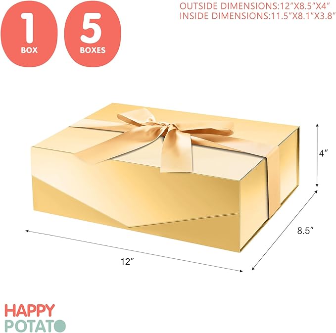 HAPPY POTATO 5 Large Gift Boxes with LIds and Ribbon 11.5x8.1x3.8 Inches, Bridesmaid Proposal Boxes, Gold Gift Boxes for Presents (Glossy Gold, Pack of 5)