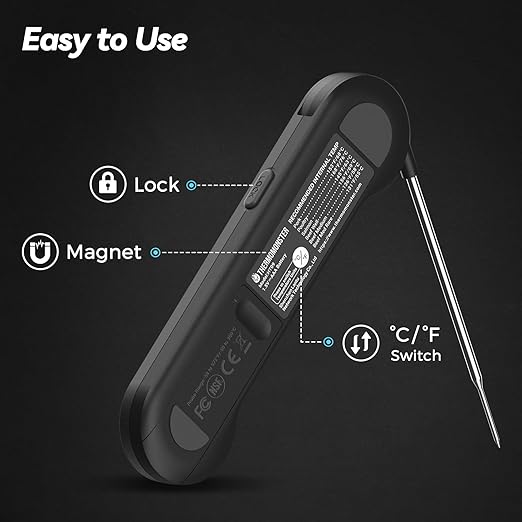 0.5 Sec Instant Read Meat Thermometer Digital with ±0.5℉ Precision, 100% Waterproof Auto Flip Bright LCD Screen, Motion Sensing Food Thermometer for Cooking Kitchen Oven Grill Candy BBQ, Black