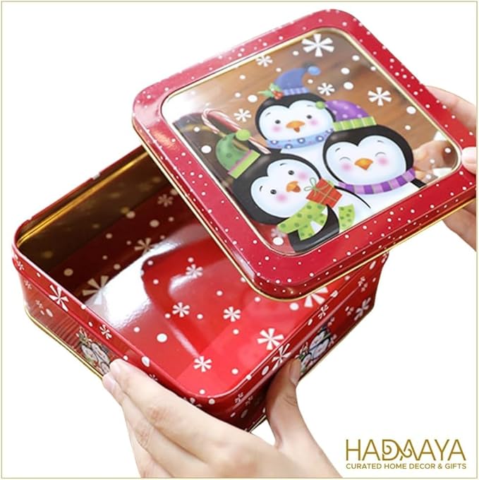 Metal Christmas Cookie Tin With Clear Lid- Square Multipurpose Storage Container For Cookies, Candy, Brownies, Snacks & More- Holiday Party Gift Box With Red Snowflake Penguin Design