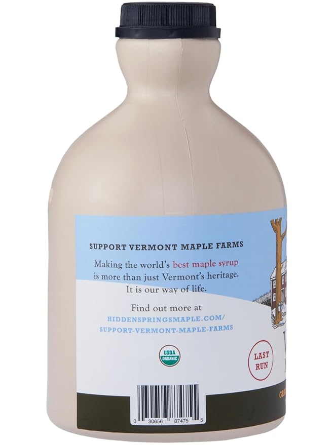 HIDDEN SPRINGS MAPLE 100% Organic Vermont Maple Syrup, Grade A Very Dark Robust, 32 Ounce, 1 Quart, Family Farms, BPA-free Jug